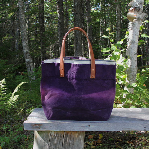 Large Waxed Cotton Canvas Tote Bag W/Liner- Purple - Leather Handles